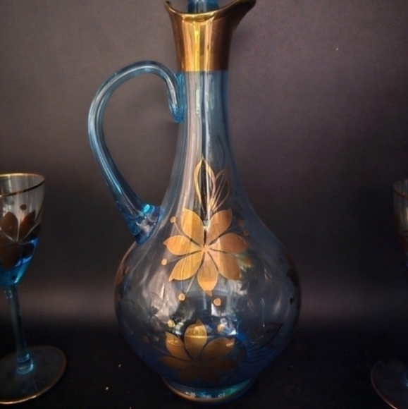 Vintage Romanian Cristo handblown aqua blue Glass, handpainted with 24‎ k gold. - Picture 2 of 10